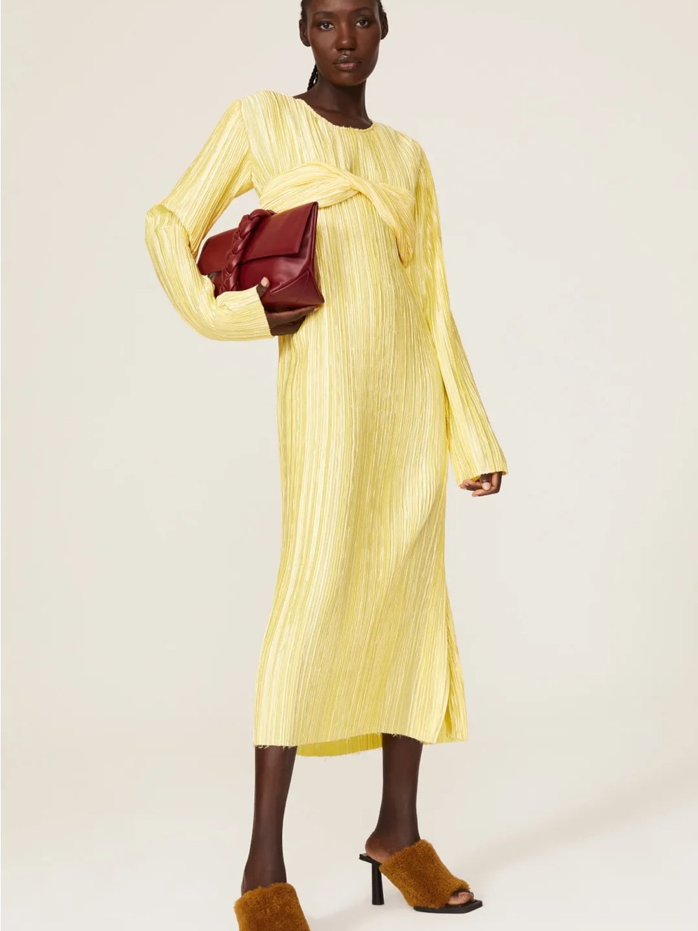 Marina Moscone Yellow Knot-Detail Long-Sleeve Midi Dress